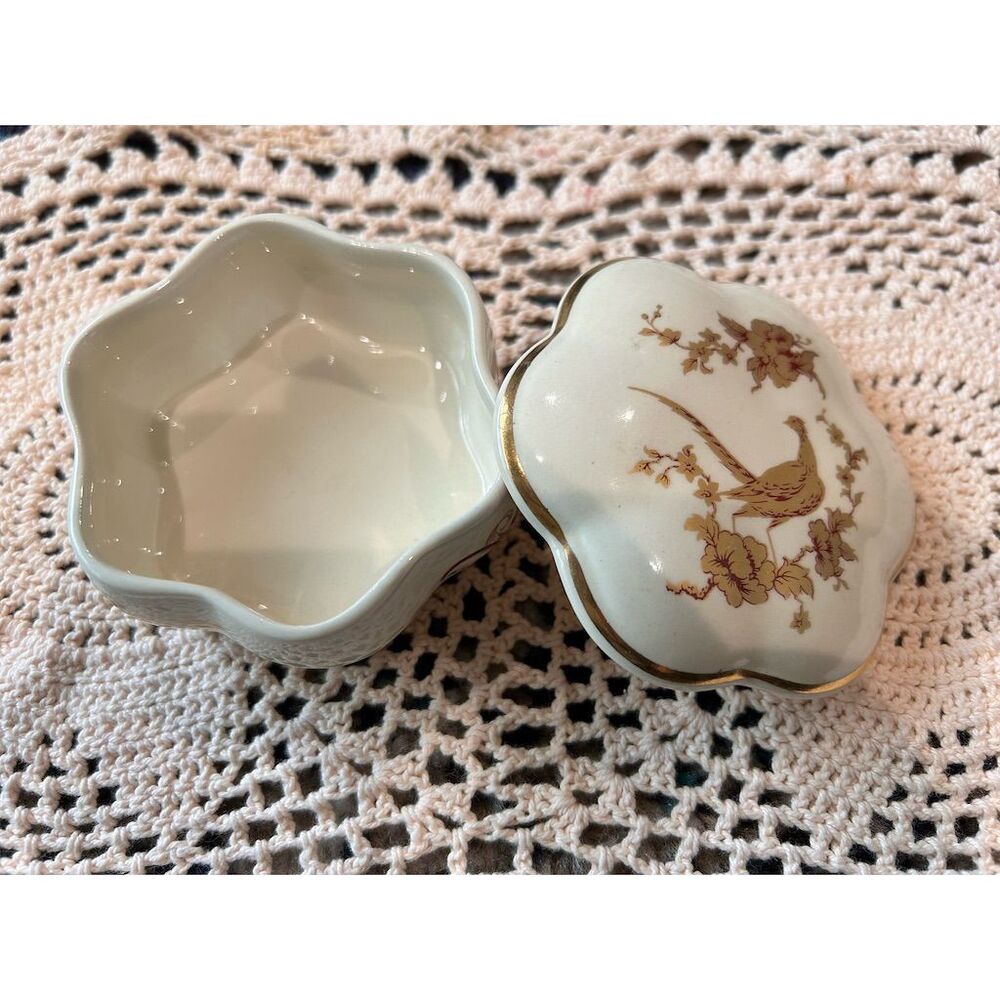 Vintage Gorham Fine China Trinket Box Gold Pheasant Floral Motif
